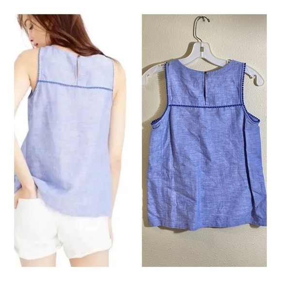 J. Crew Size 00 Blue Crosshatch Linen Seamed Sleeveless Shell Top - Picture 2 of 8